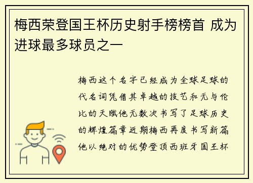 梅西荣登国王杯历史射手榜榜首 成为进球最多球员之一